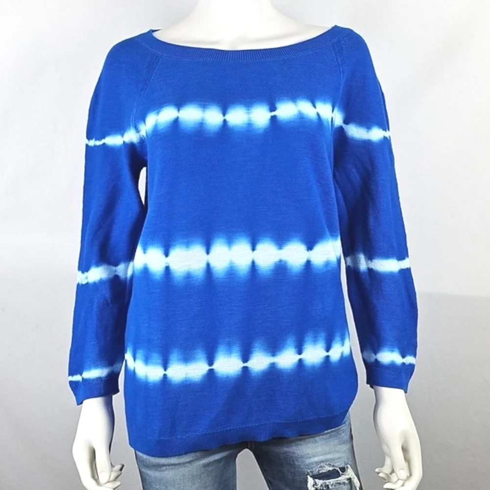 Talbots 100% Cotton Knit Blue White Tie Dye Crewneck 3/4 Sleeve Pullover Sweater